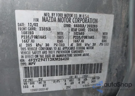 2003 Mazda Tribute Lx V6 from USA, damaged, VIN 4F2YZ94113KM26420